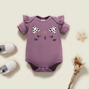 NEW Size 3-6 months, girls purple, ruffled, romper w/ cat design
